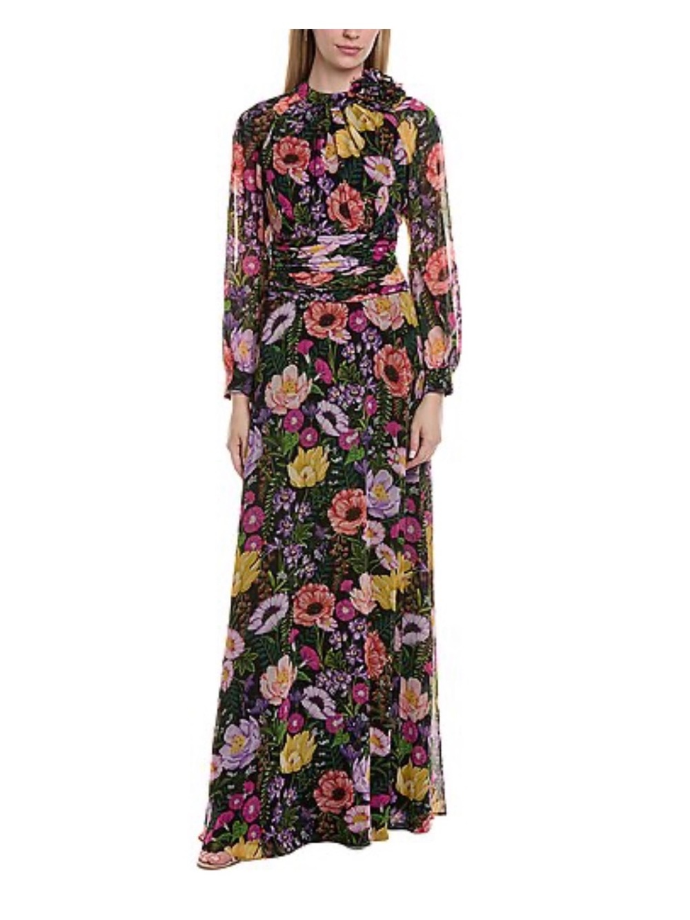 Teri Jon Black Floral High-Neck Long Sleeve Maxi Dress